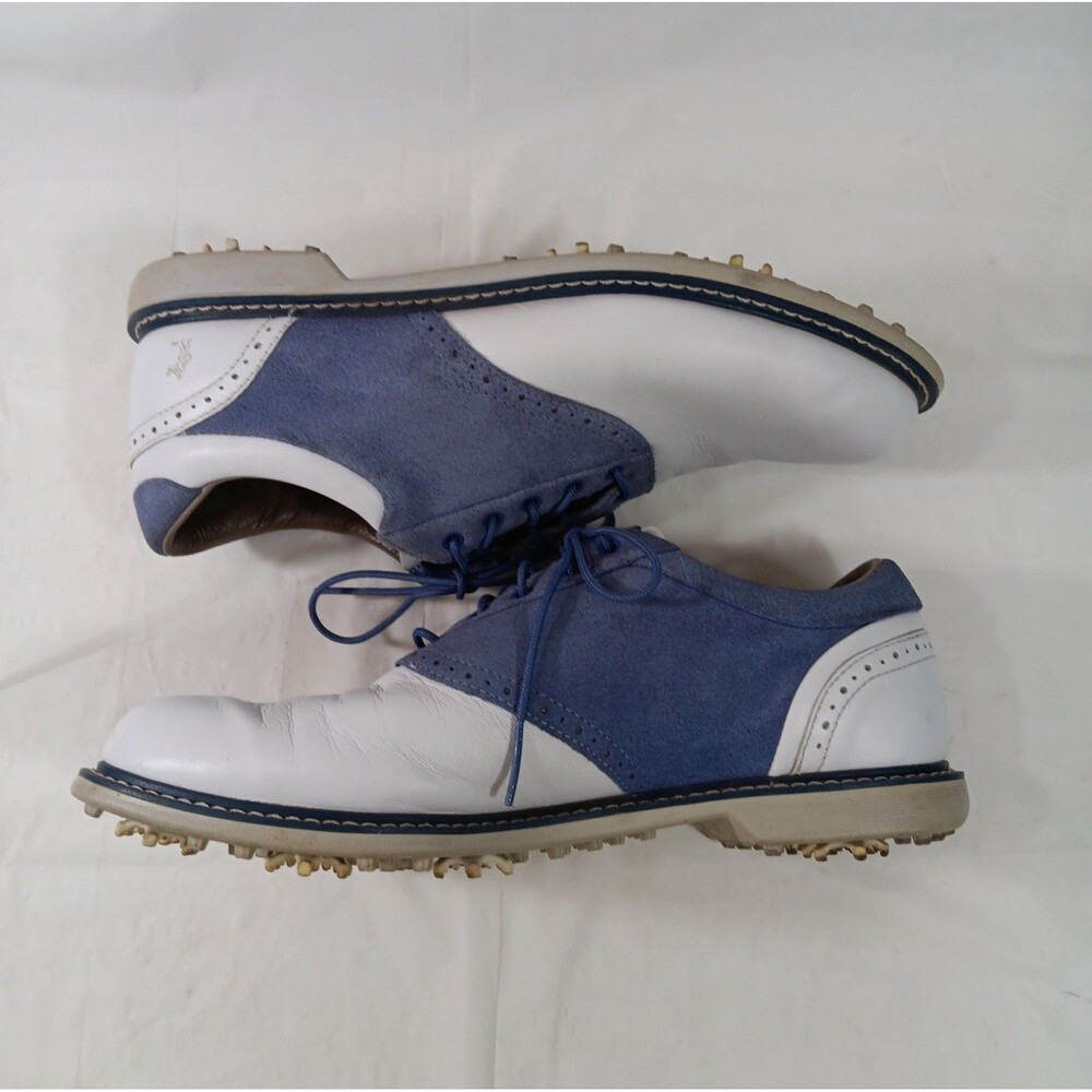 Ashworth Saddle Golf Shoes Men's Size 9.5 White Leather Blue Suede Brodue Spikes